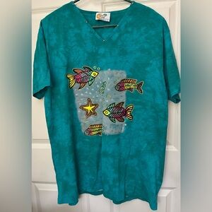 Copa Cabana Colorful Teal Shirt Seaside Fish Starfish Size 1X NEW Raised Painted